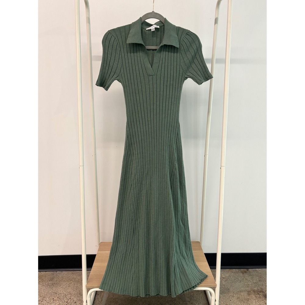 Lucky Brand Green Ribbed Sweater Dress Polo V-Neck Short Sleeve Size Medium